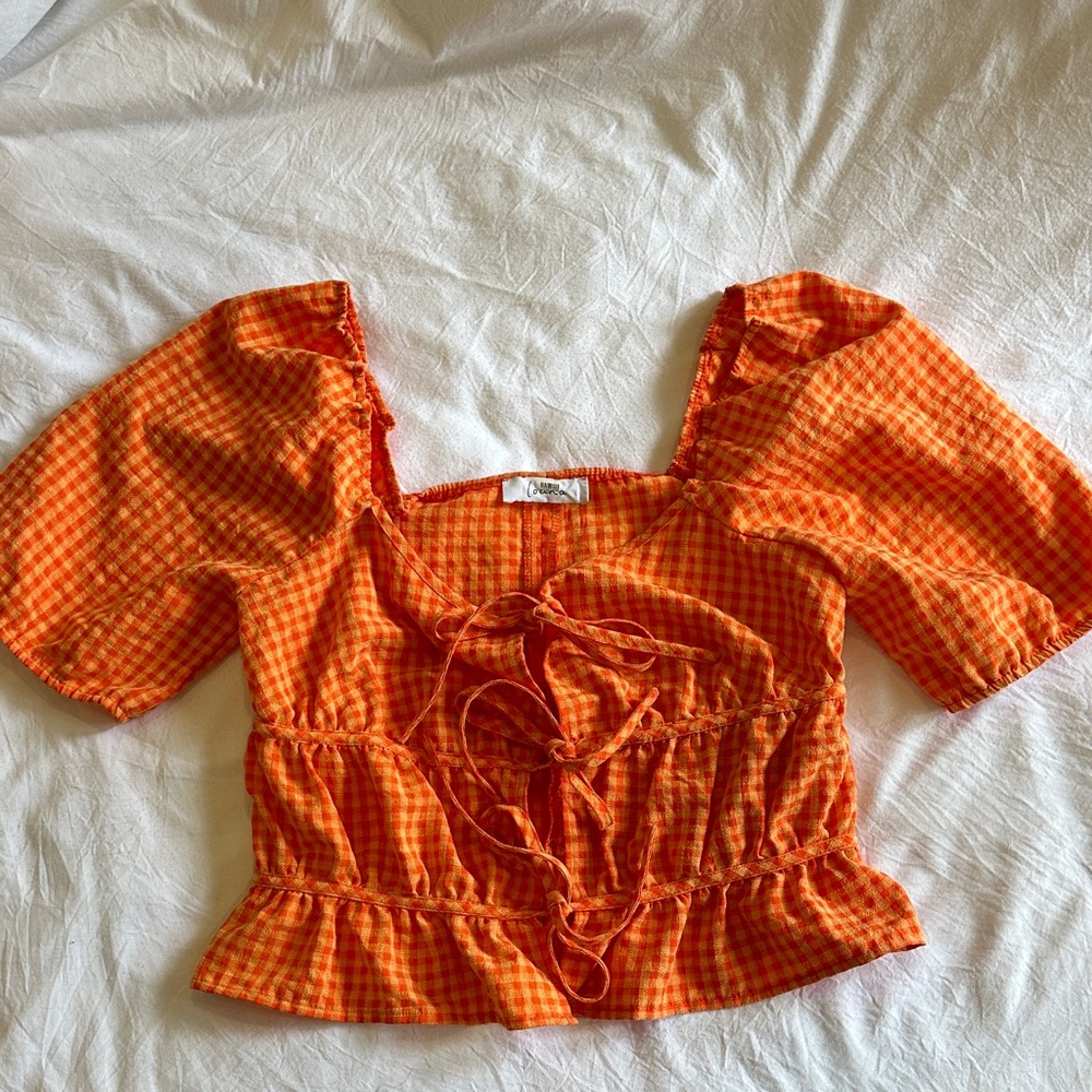 Vibrant Orange Gingham Blouse